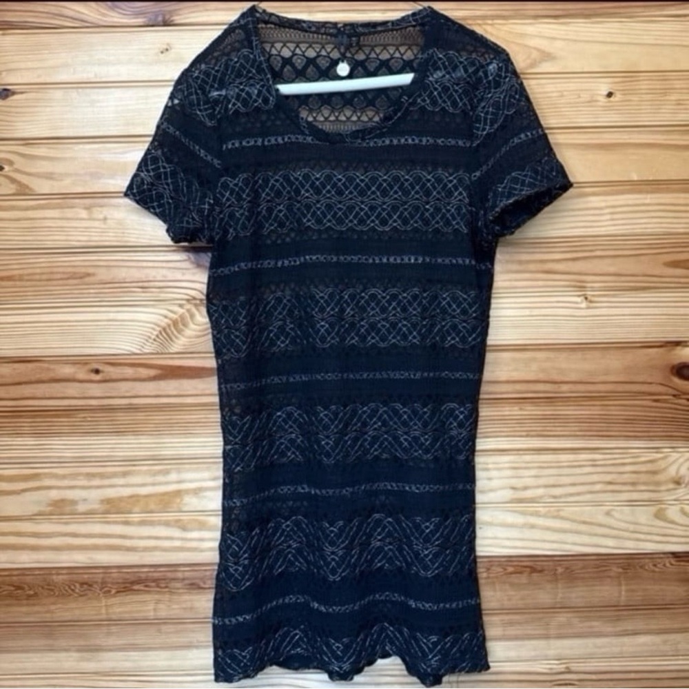 Y2K BKE Boutique Midnight Black Woven Silver Metallic Lace T-Shirt / dress Large